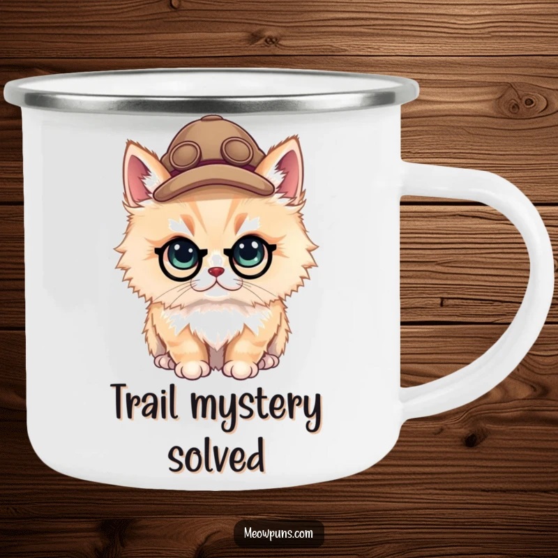 Funny fluffy cat detective in a tiny hat on a camping mug, perfect for adventurous mystery lovers.