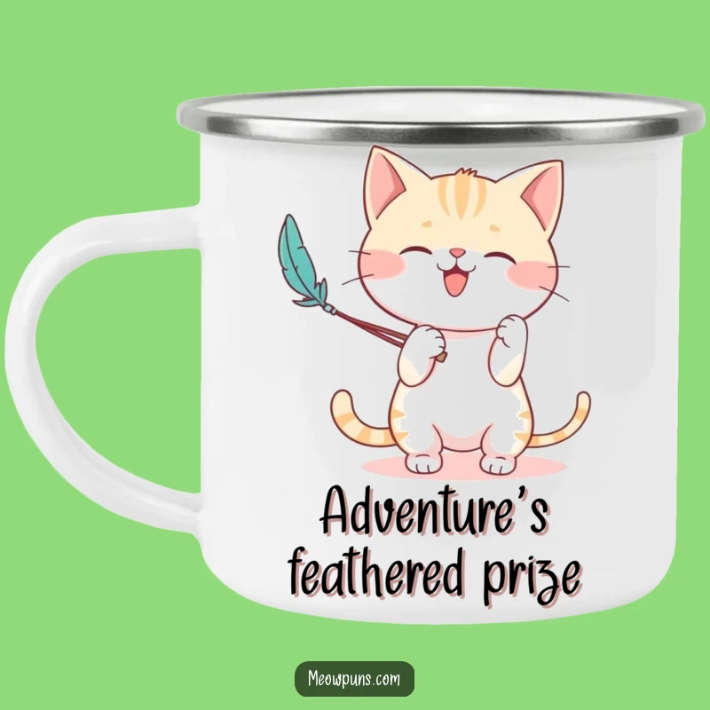 Funny Cat Feather Wand Camping Mug: Adventure with Playful Feline Spirit