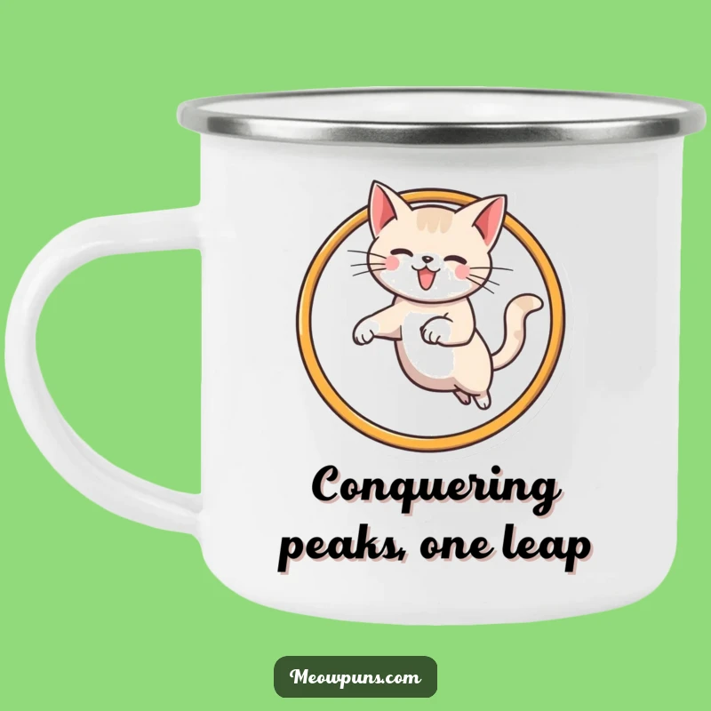Funny Cat Hoop Jump Camping Mug: Trail-Ready Feline Acrobatics for Outdoor Laughs
