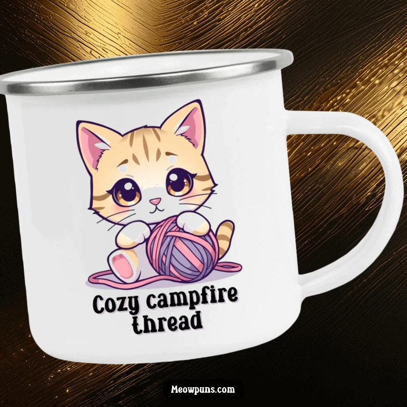 Funny cat camping mug with a cute cat having wide, mesmerized eyes focused on a ball of yarn, for outdoor use.