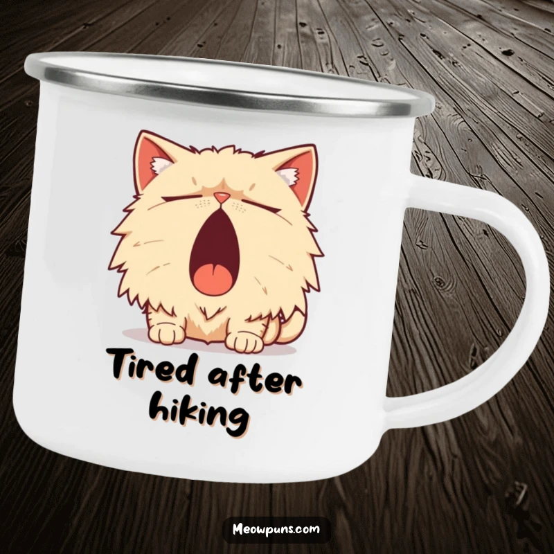 Funny Persian Cat Camping Mug, a sleepy Persian cat yawns widely with a pun, for humorous outdoor adventures.