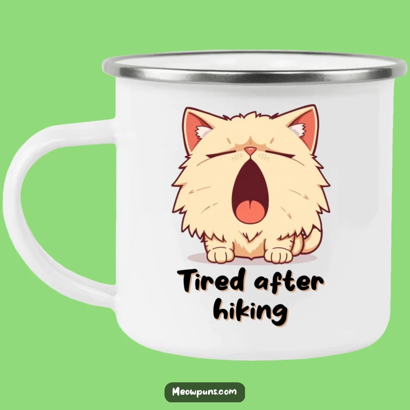 Funny Persian Cat Yawn Pun Camping Mug: Adventure with Sleepy Humor