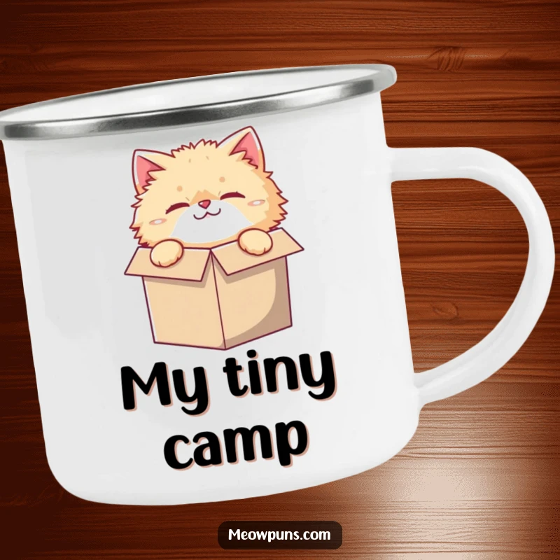 Funny camping mug with a fluffy cat character, curiously peeking from a comically small box, for outdoor adventures.