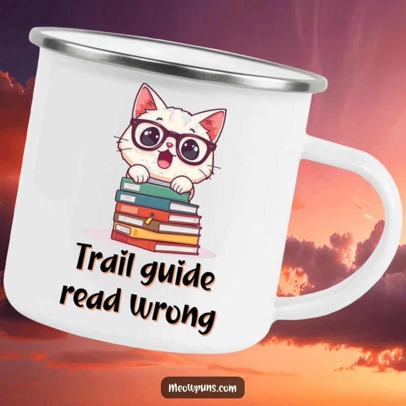 Funny camping mug with a surprised cat wearing glasses and tumbling books, perfect for outdoor study and humor.