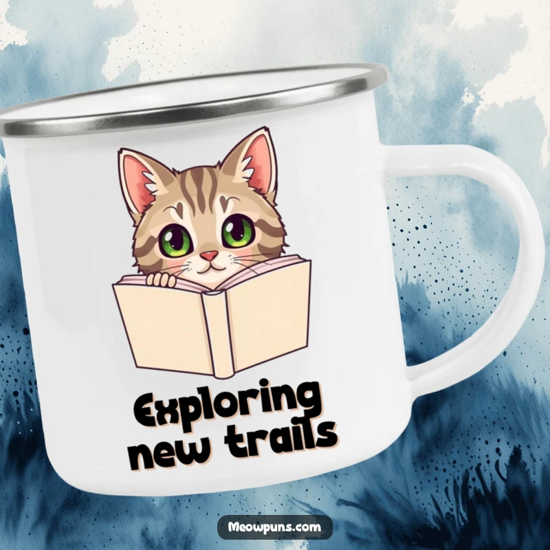 Funny Tabby Cat Camping Mug, a curious tabby cat peeks from behind a dictionary, for humorous outdoor reading.