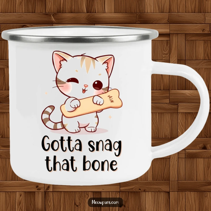 Funny camping mug depicting a cute cat character with determined eyes, reaching for a floating fishbone, ready for outdoor escapades.