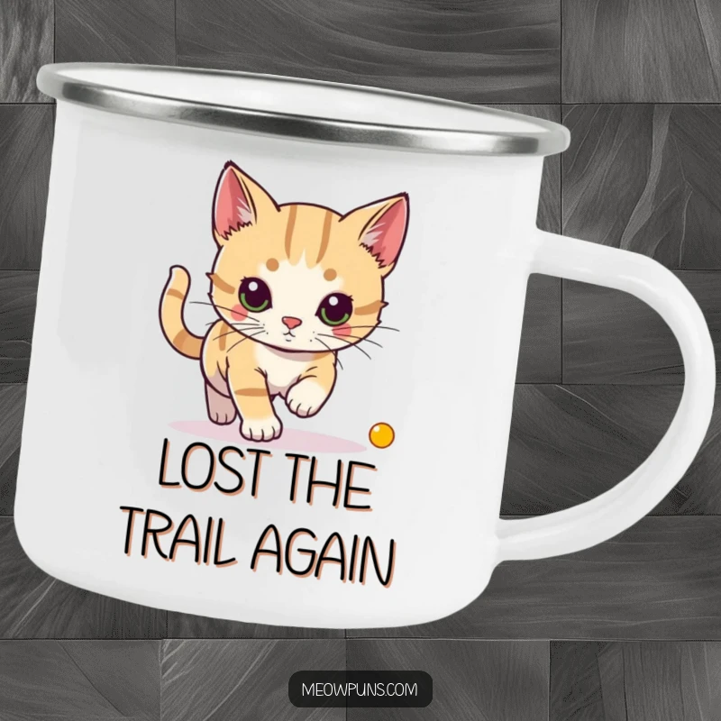 Funny camping mug featuring a cat chasing a laser pointer dot, perfect for outdoor adventurers and cat enthusiasts.