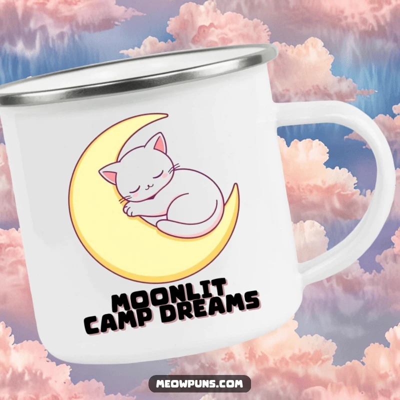 Funny Sleepy Cat Moon Camping Mug: A cat naps on a moon, perfect for serene outdoor humor.
