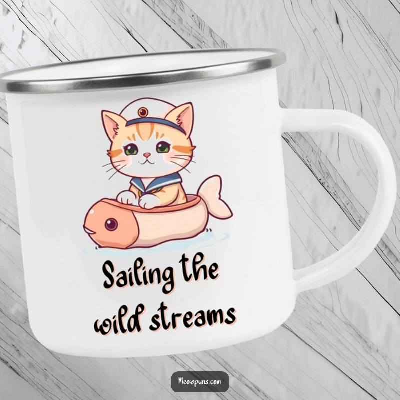 Funny cat camping mug with a sailor cat sailing a fish-shaped boat, perfect for enjoying drinks during outdoor activities.