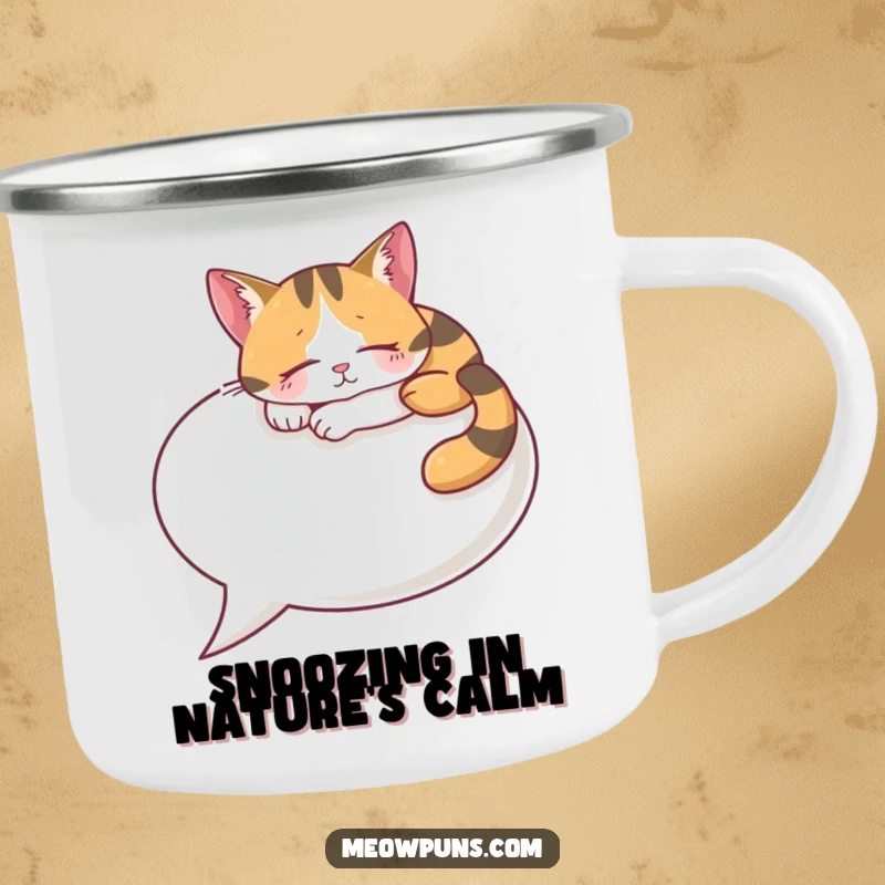 Funny Calico Cat Camping Mug, a content cat naps on a speech bubble, for humorous outdoor adventures.