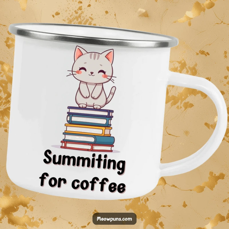 Funny grey cat balancing on a stack of books, on a vintage-style enamel camping mug, perfect for outdoor adventures.