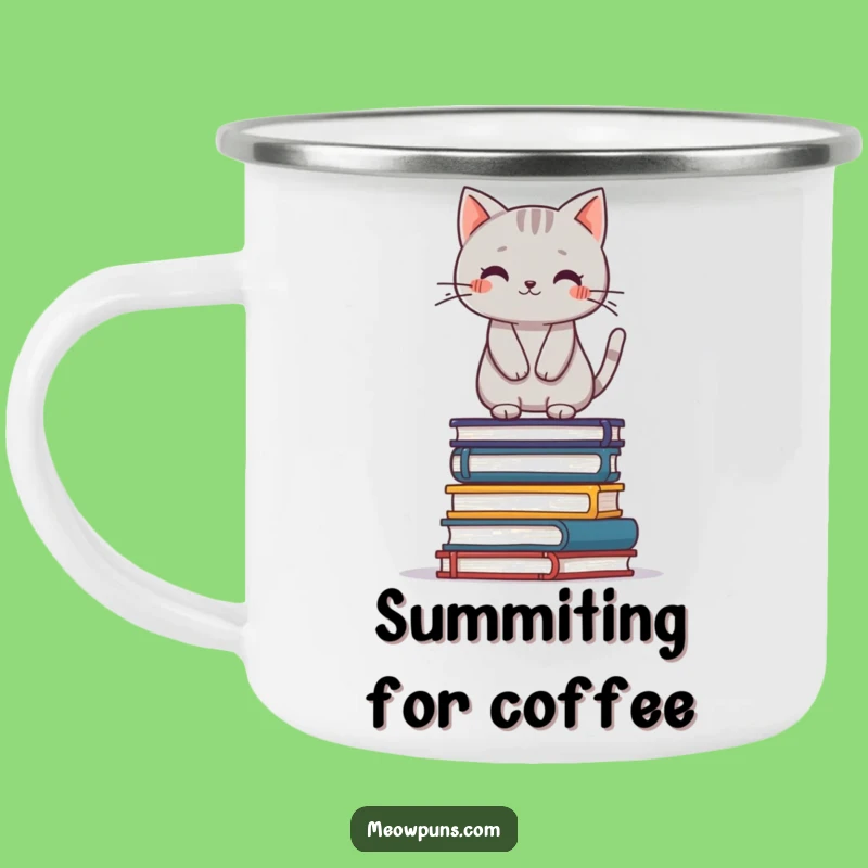 Funny Cat Camp Mug: Grey Cat Balancing Books, Outdoor Literary Gift