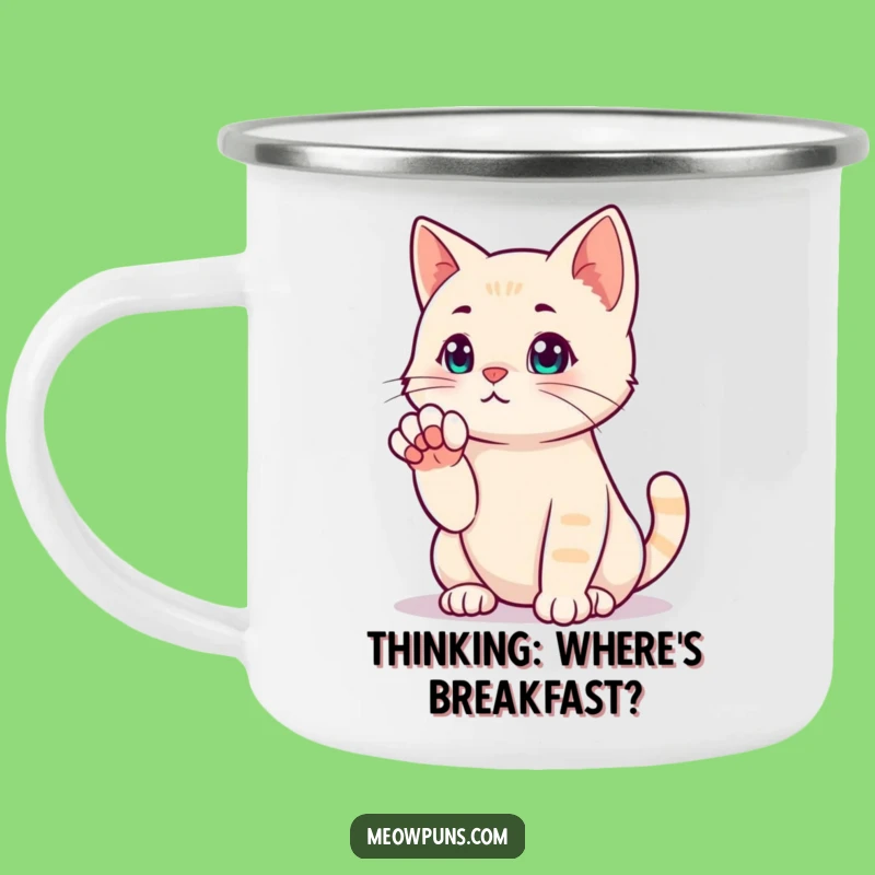 Funny Cat Thinking Pose Camping Mug: Pondering Over Campfire Coffee