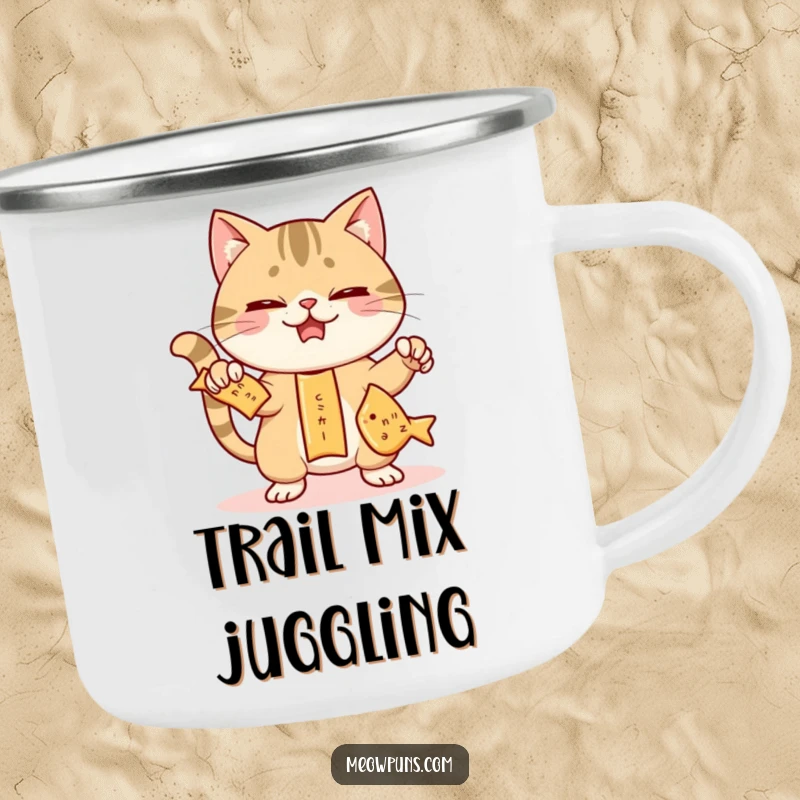 Funny camping mug with a mischievous cat juggling three fish-shaped crackers, perfect for outdoor enjoyment and snack-themed humor.