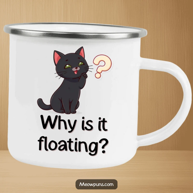 Funny black cat batting at a floating question mark, on a vintage-style enamel camping mug, for exploring mysteries outdoors.