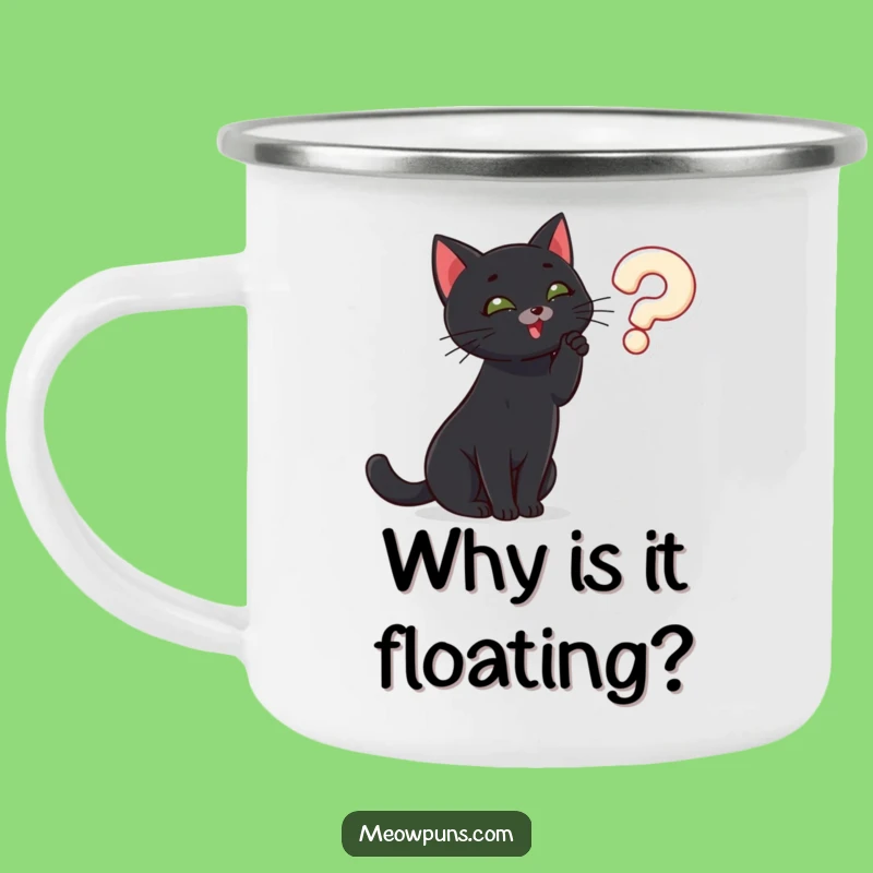 Funny Cat Camp Mug: Black Cat Question Mark, Outdoor Mystery Gift