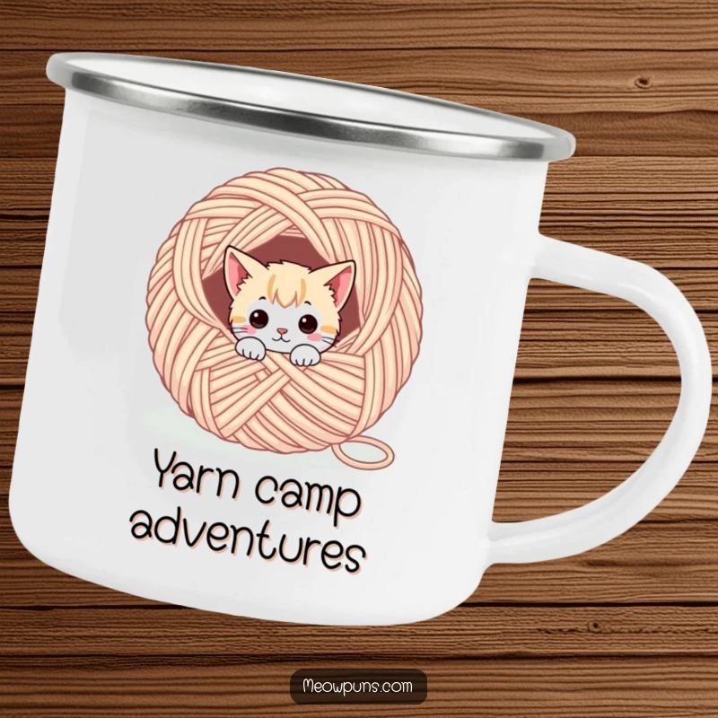Funny camping mug showing a cute cat character peeking from a yarn ball, perfect for outdoor cat lovers and knitters.