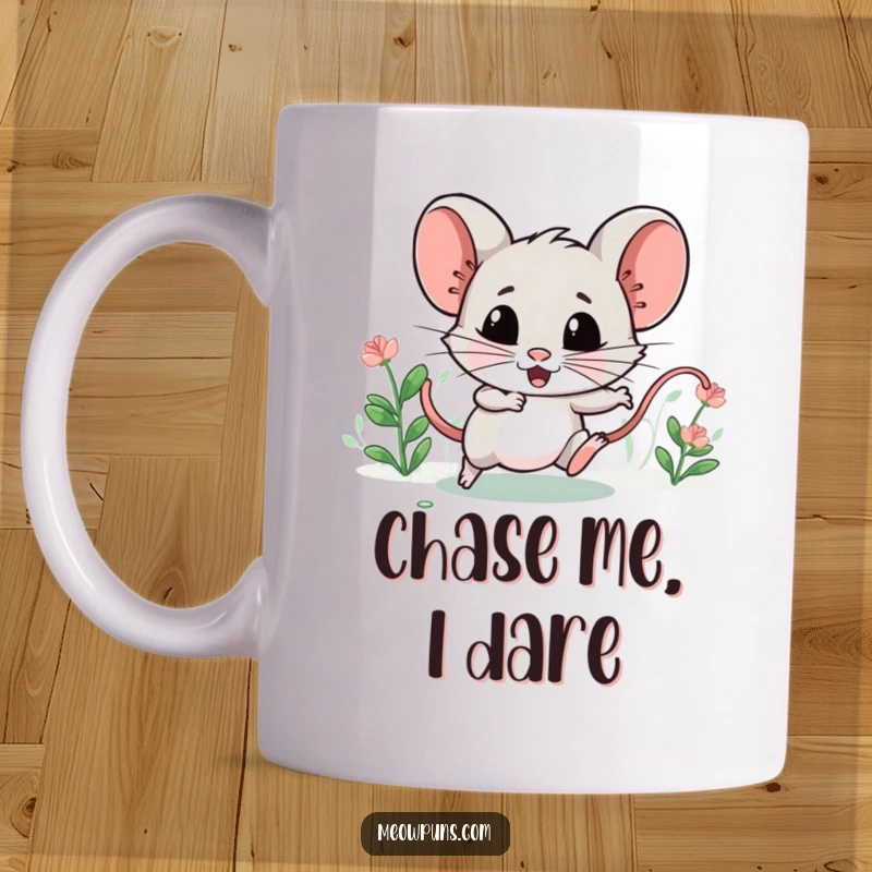Funny mug with a mischievous catnip mouse character, cunningly leading a tiny, slow-motion chase, a delight for cat lovers.