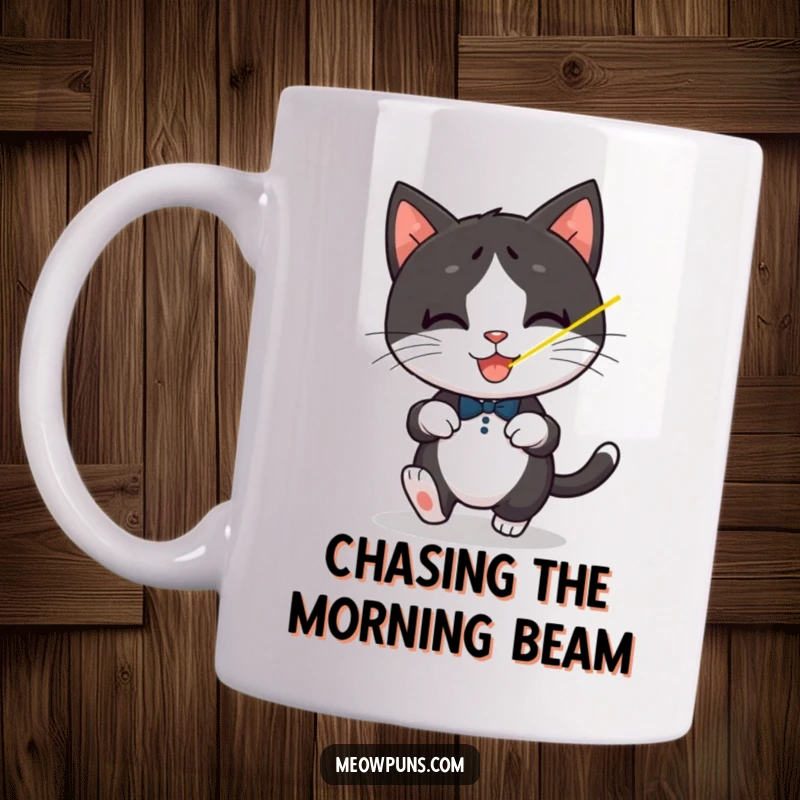 Funny Tuxedo Cat Mug, a playful black and white cat chases a red laser dot with intense focus.