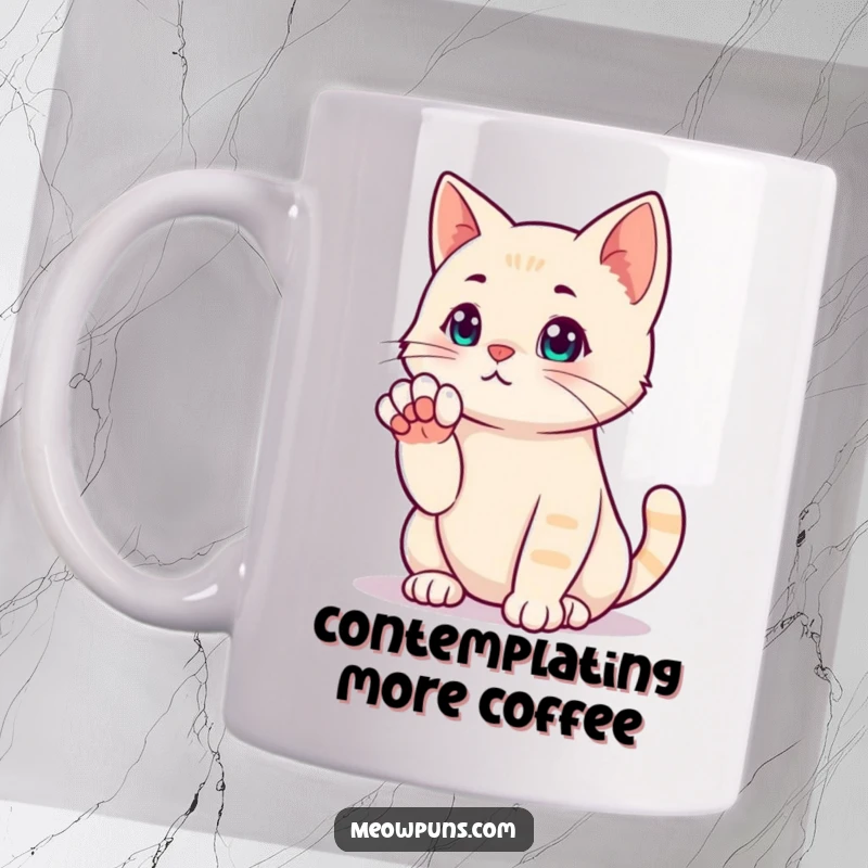 Funny mug featuring a cat in a classic thinking pose, one paw thoughtfully raised, pondering life.