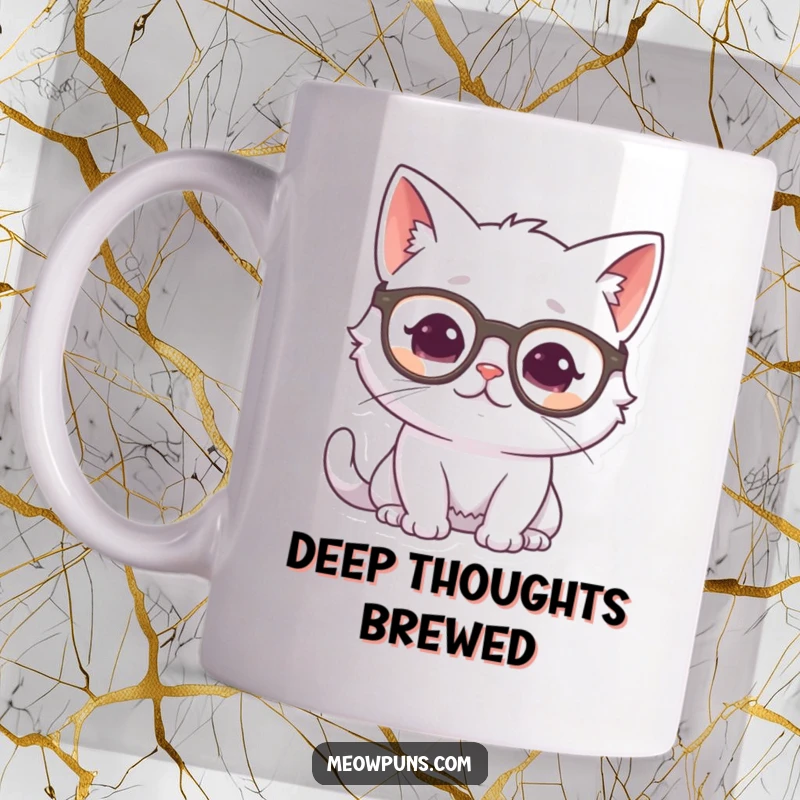Funny white cat character wearing glasses, looking thoughtful and purring, depicted on a coffee mug.