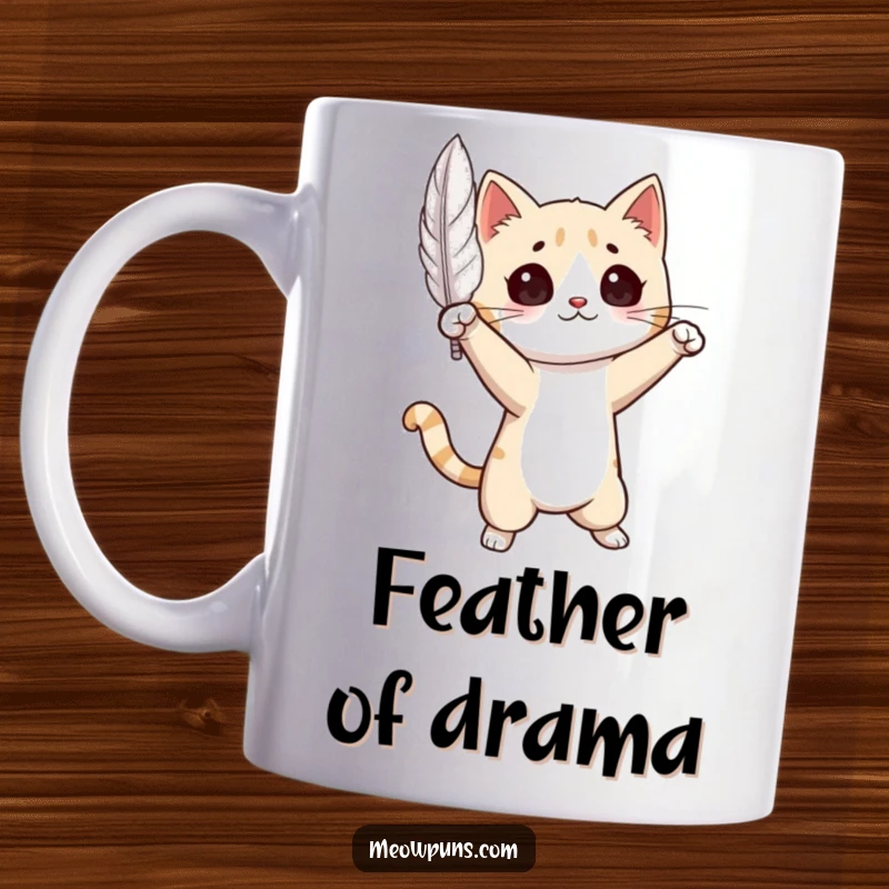 Funny Cat Mug: Adorable feline character striking a dramatic pose, poised elegantly with a single feather floating nearby.