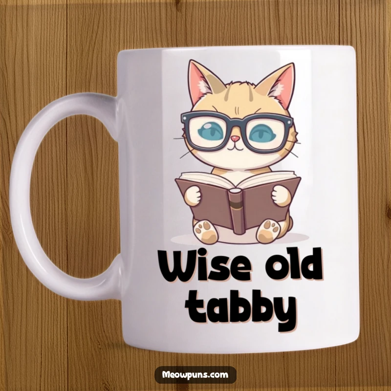 Funny cat wearing large glasses intently reading a book on a mug, celebrating intellectual curiosity and humor.