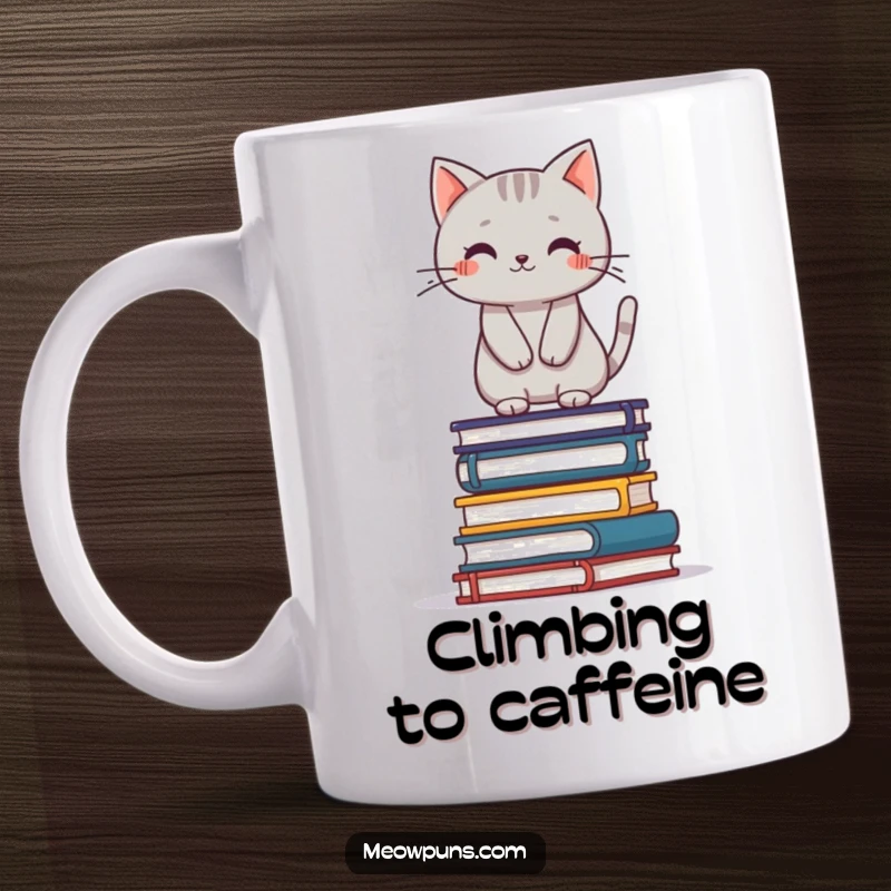 Funny cute grey cat character precariously balancing on top of a tall stack of books, on a coffee mug.