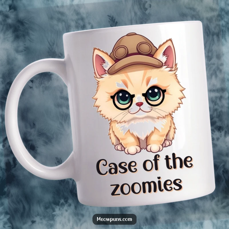 Funny fluffy cat wearing a small detective hat, looking curious on a mug, perfect for puzzle enthusiasts.