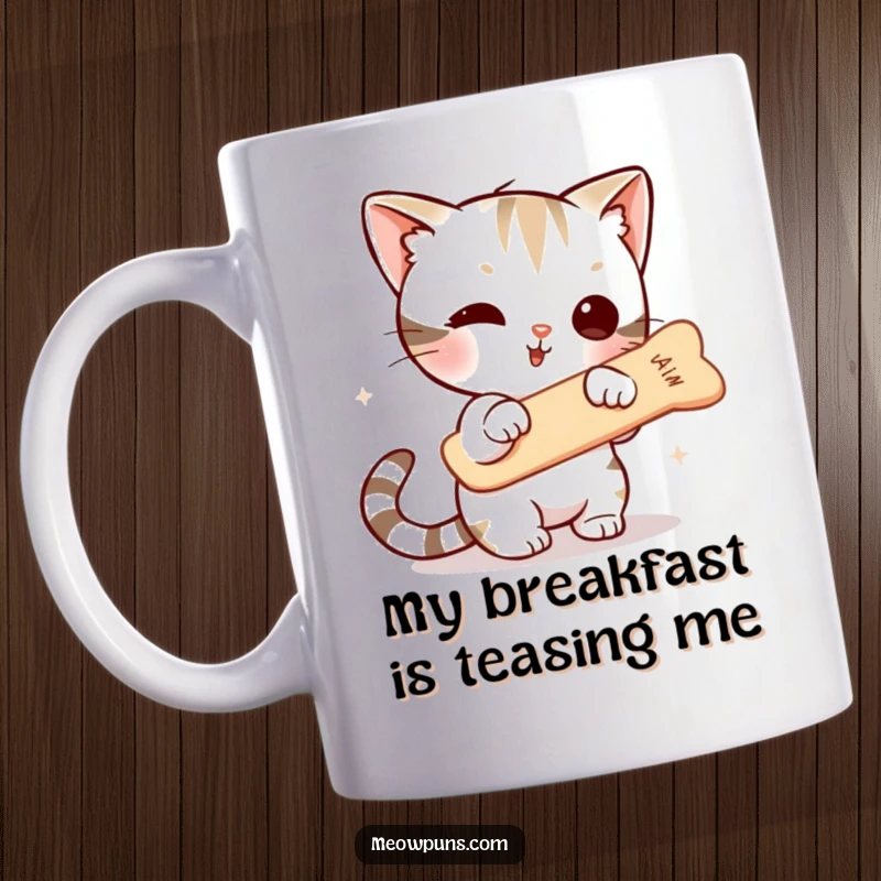 Funny mug showcasing a determined cute cat character leaping to bat at a dangling fishbone, embodying playful mischief and a quest for a tasty treat.