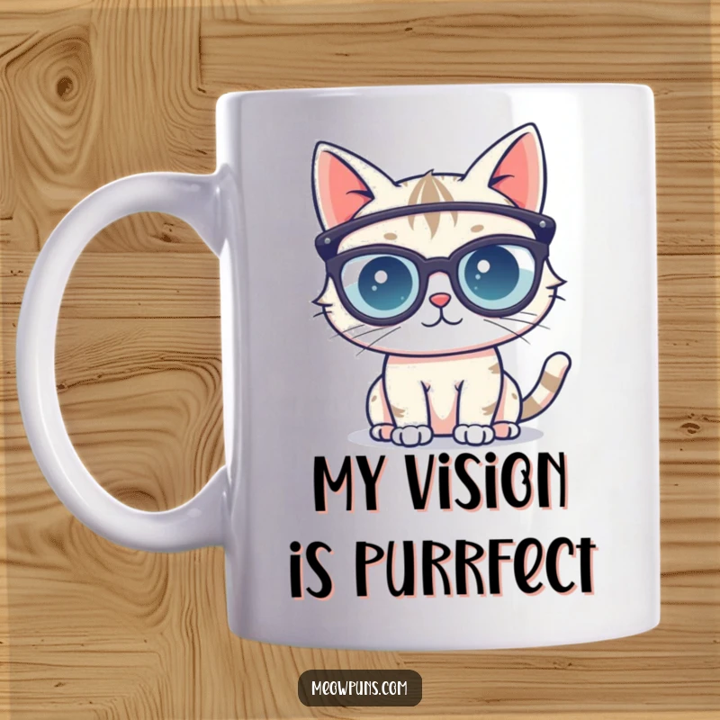 Funny mug showcasing a cute cat character wearing comically oversized reading glasses, appearing intelligent and slightly bewildered, ready for study.