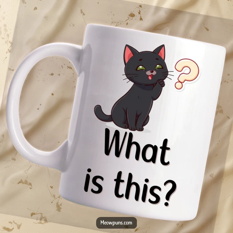 Funny playful black cat batting curiously at a floating, glowing question mark, depicted on a coffee mug.