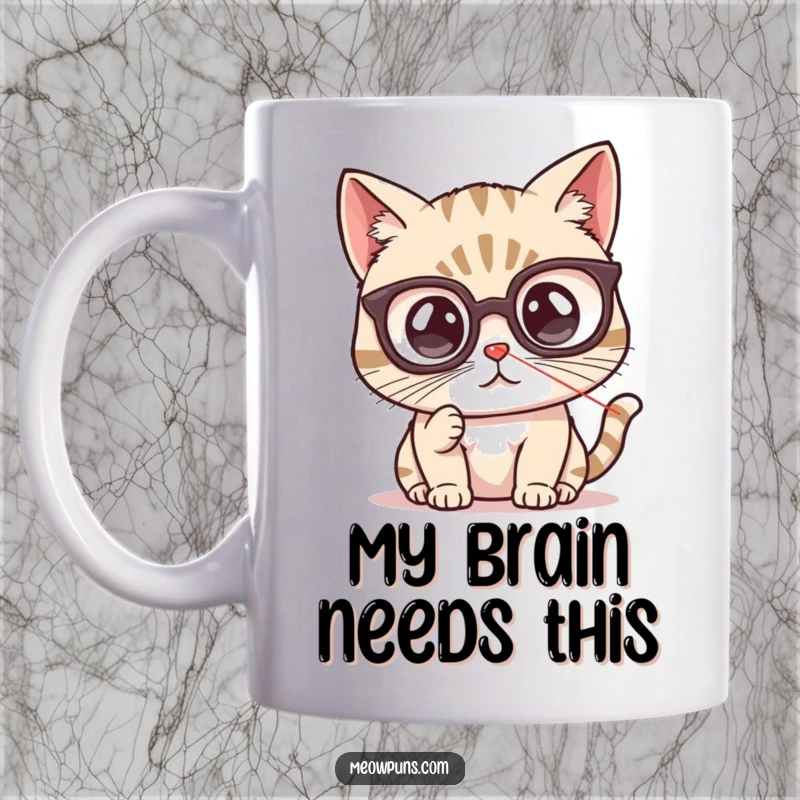 Funny cat mug with tiny spectacles intently watching a red laser pointer dot, showcasing intelligent curiosity and playful obsession.