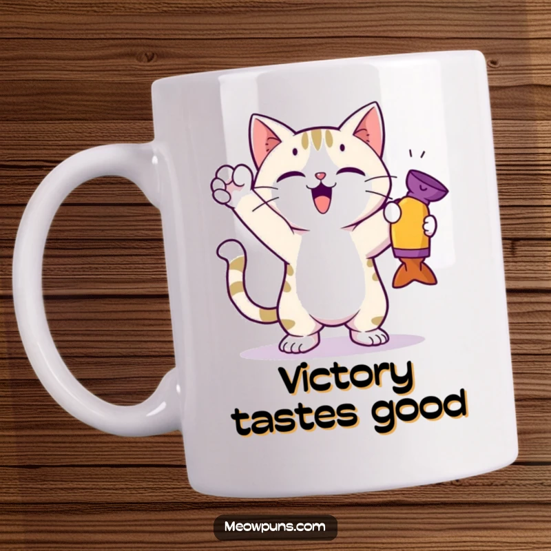 Funny cat mug showing a cute cat standing tall in a triumphant pose, holding a small toy victoriously.
