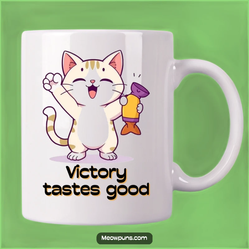 Funny Cat Toy Victor Mug - Triumphant Feline Gift!