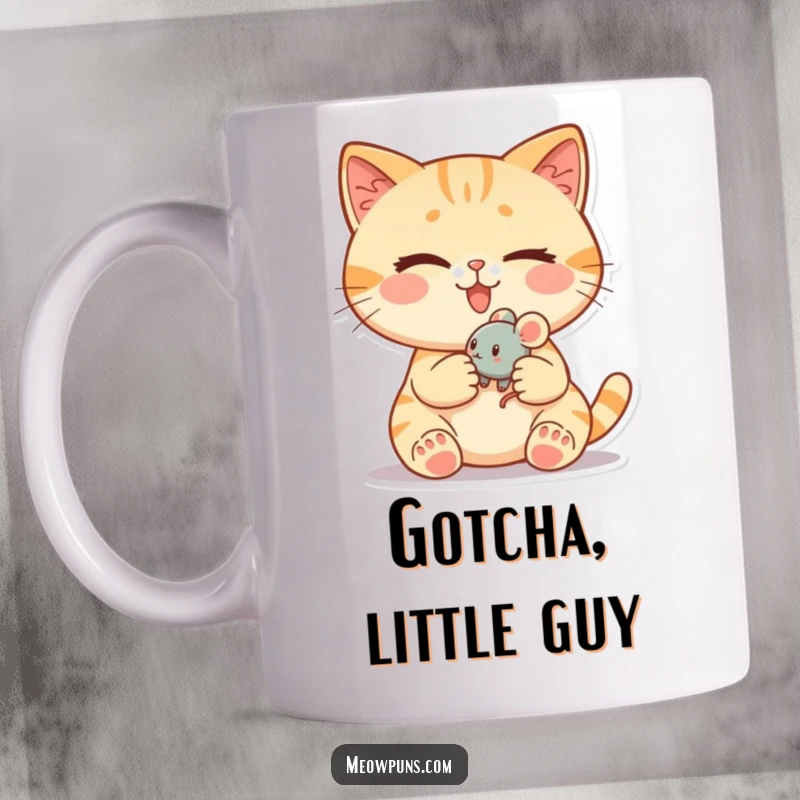 Funny cat mug showing a cute cat winking mischievously while proudly holding a tiny, rolling toy mouse.