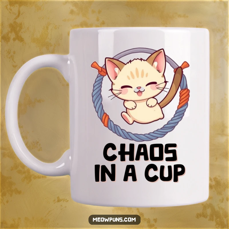 Funny mischievous Siamese cat character energetically jumping through a hoop made of colorful yarn, on a coffee mug.