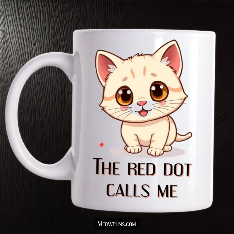 Funny cat mug with large googly eyes, depicting a cat crazed with excitement, chasing a red laser pointer dot.