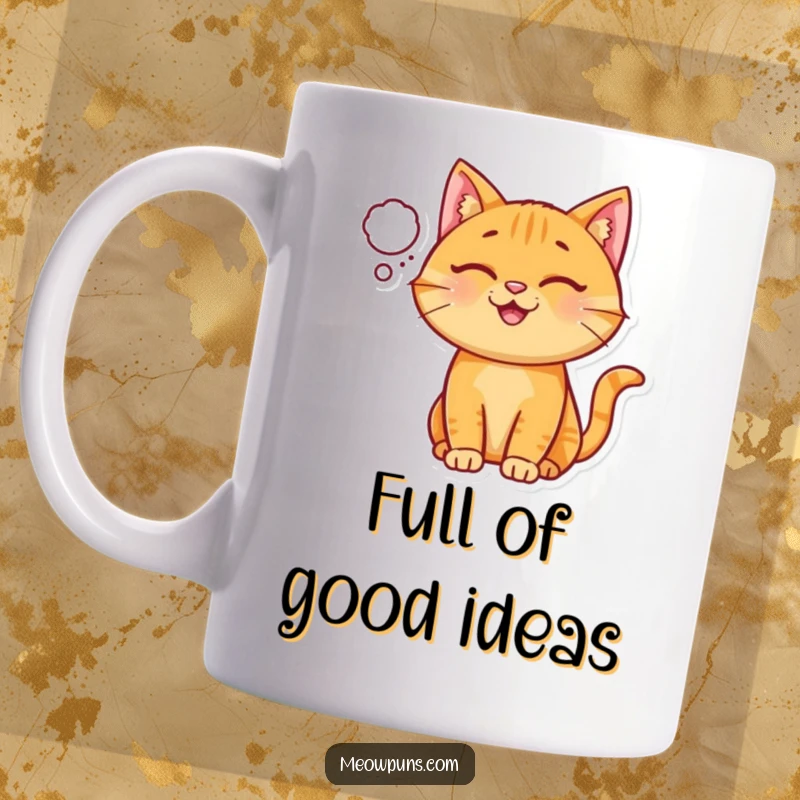 Funny Happy Ginger Cat Mug, a cheerful ginger cat wears a small thought bubble, expressing joyful thoughts.