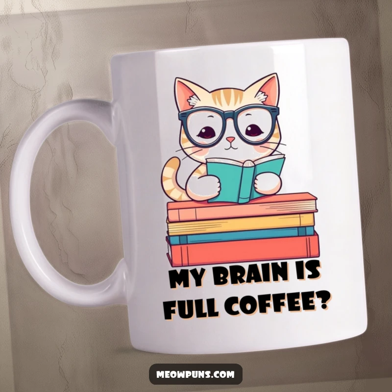 Funny mug with a cute cat wearing reading glasses, sitting on a stack of books, looking studious and intellectual.
