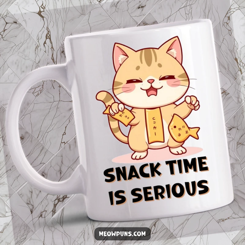 Funny cat mug featuring a mischievous cat trying to juggle three fish-shaped crackers, showcasing playful balance and snack-time antics.