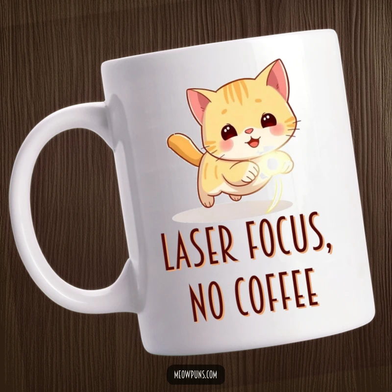 Funny mug showing a playful cat in hot pursuit of a glowing red laser dot, capturing chaotic feline energy.