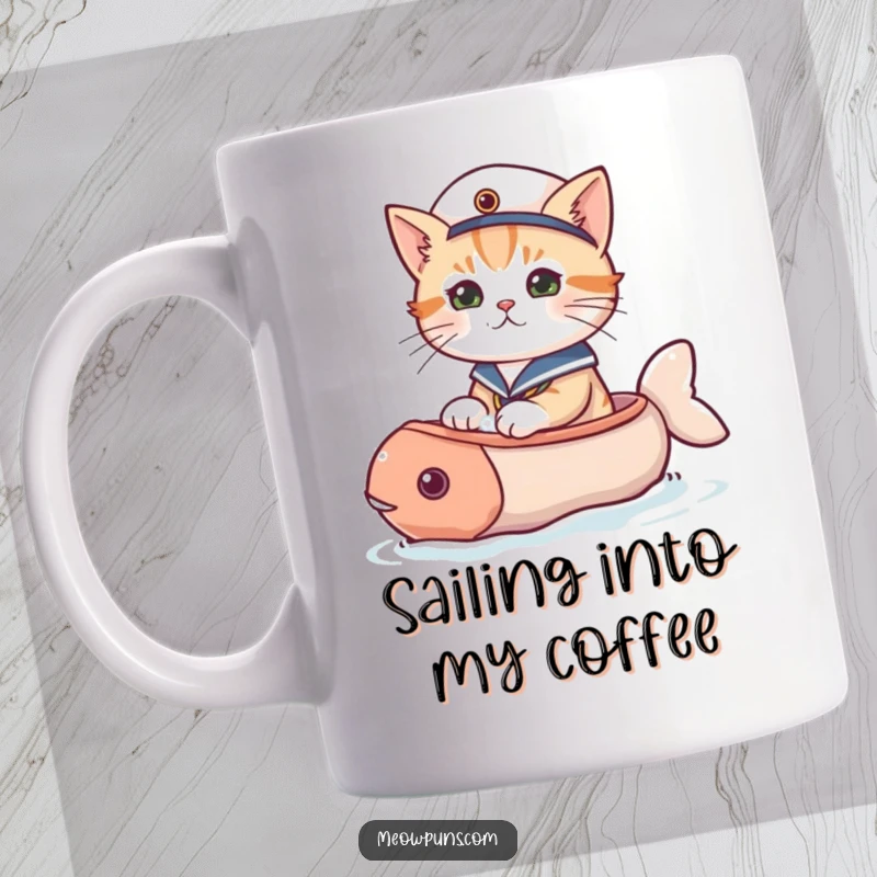Funny cat mug with a cat wearing a tiny sailor hat, joyfully sailing on a whimsical fish-shaped boat.