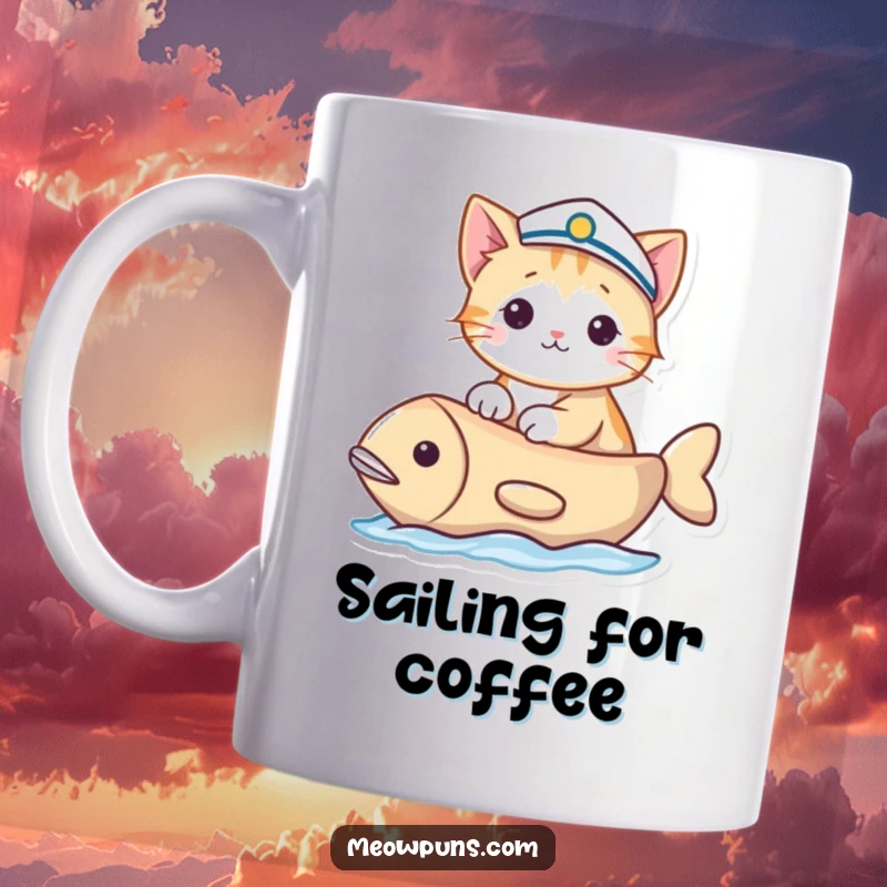 Funny mug with a cat in a sailor hat sailing a fish-shaped boat, embodying nautical humor and feline adventure.