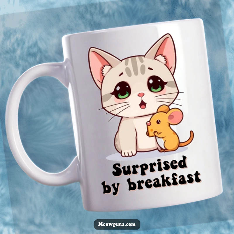 Funny mug showing a surprised cat with perked ears, intently watching a tiny mouse holding a piece of cheese.