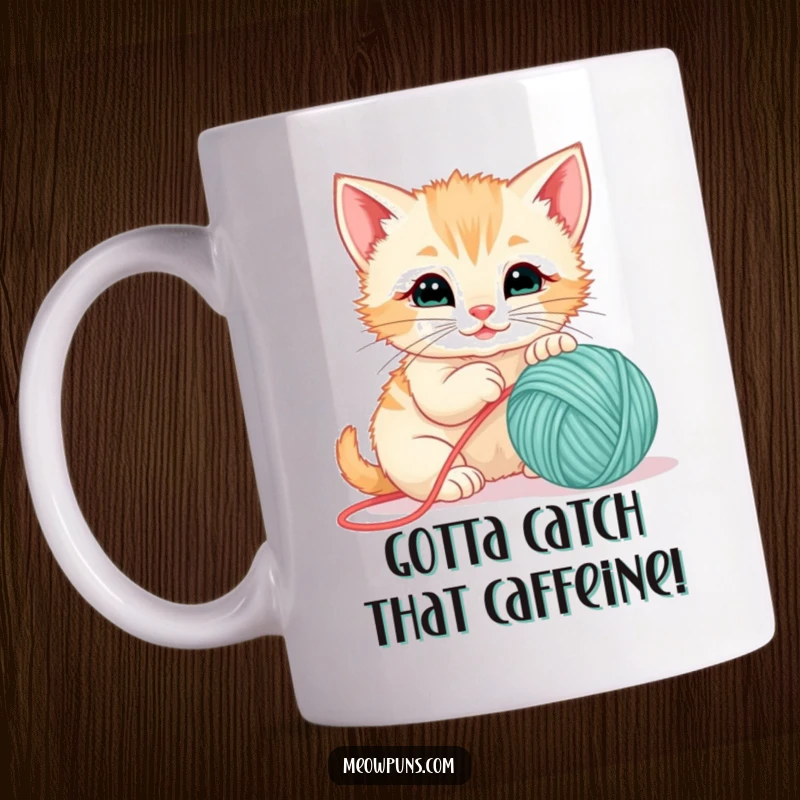 Funny mug showcasing a playful kitten getting tangled in a colorful yarn ball, embodying adorable mischief.
