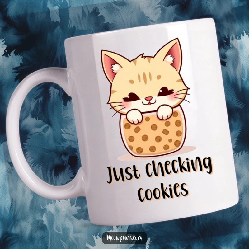 Funny Cat Mug: Mischievous feline character with a sly grin peeking out from a ceramic cookie jar, caught in the act.