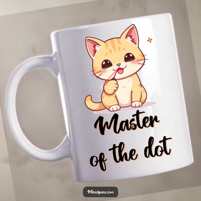 Funny mug showing a cat triumphantly holding a tiny laser pointer, celebrating victory over the red dot.