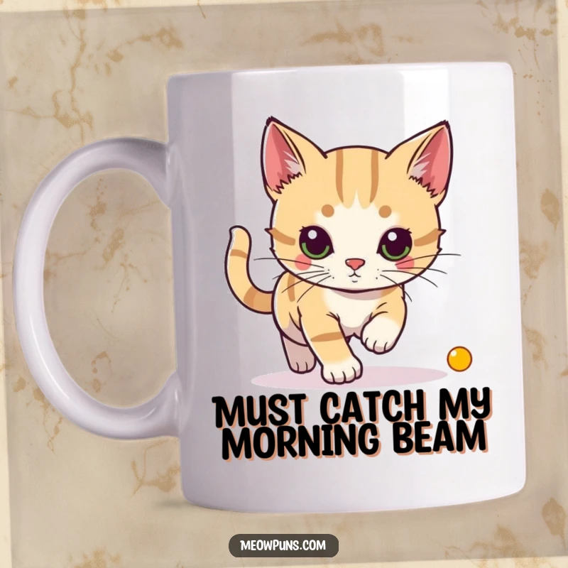 Funny mug featuring a determined cat chasing a bright red laser pointer dot across the floor with intense focus.