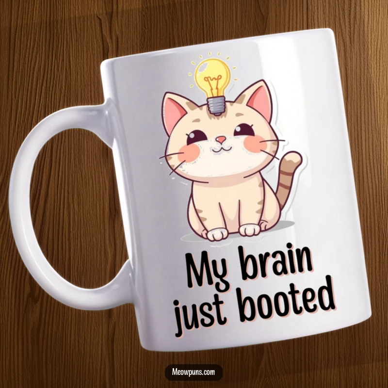 Funny mug featuring a cat with a glowing lightbulb above its head, symbolizing a brilliant and funny idea.